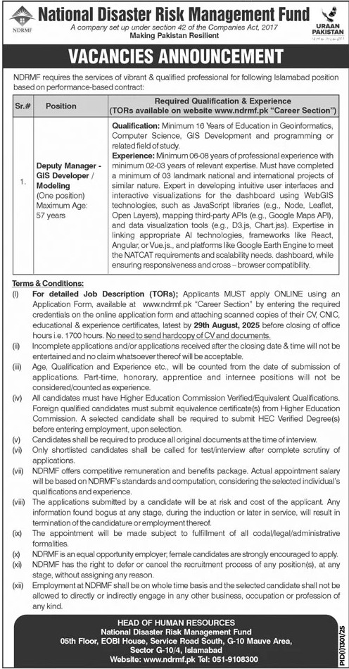 Jobs in National Disaster Risk Management Fund Islamabad